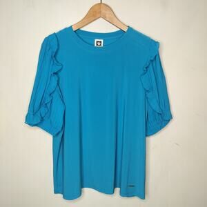 Anne Klein Blue Stretch Jersey Top Pleated Sleeve